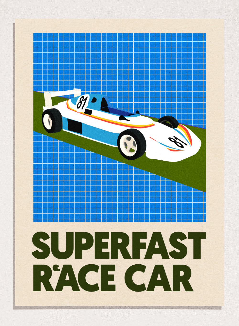 Poster of a race car with 'Superfast Race Car' text on a grid background. Superfast Race Car by Rosi Feist is a modern race car art print with bold graphic color, retro motorsport style, and contemporary poster design.