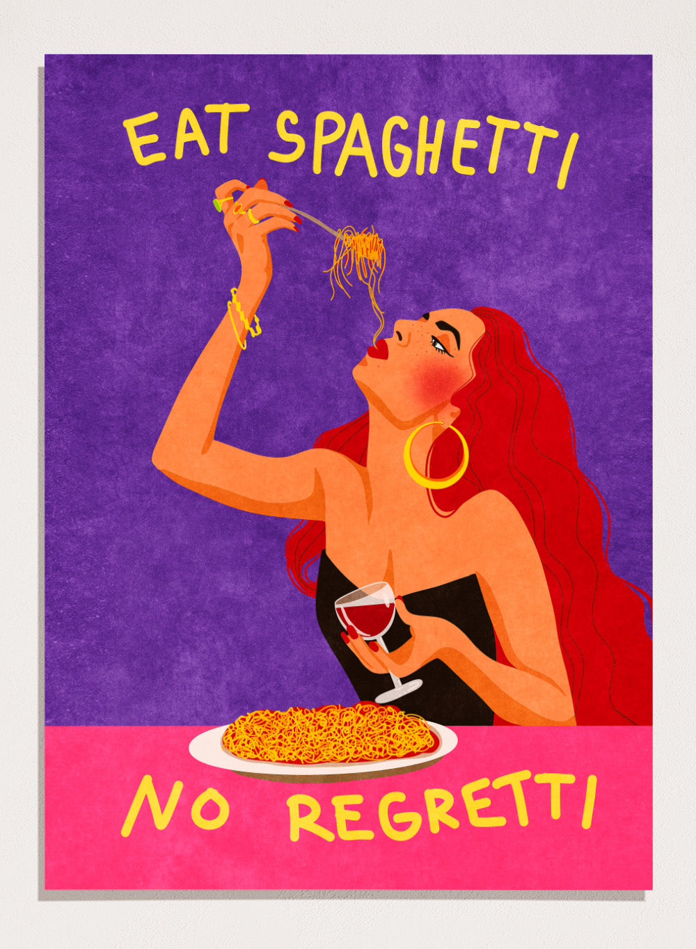 Illustration of a woman eating spaghetti with text 'Eat Spaghetti No Regretti' on a purple and pink background. Eat Spaghetti No Regretti by Raissa Oltmanns is a modern kitchen art print featuring a woman eating pasta, wine illustration, and funny food wall poster.