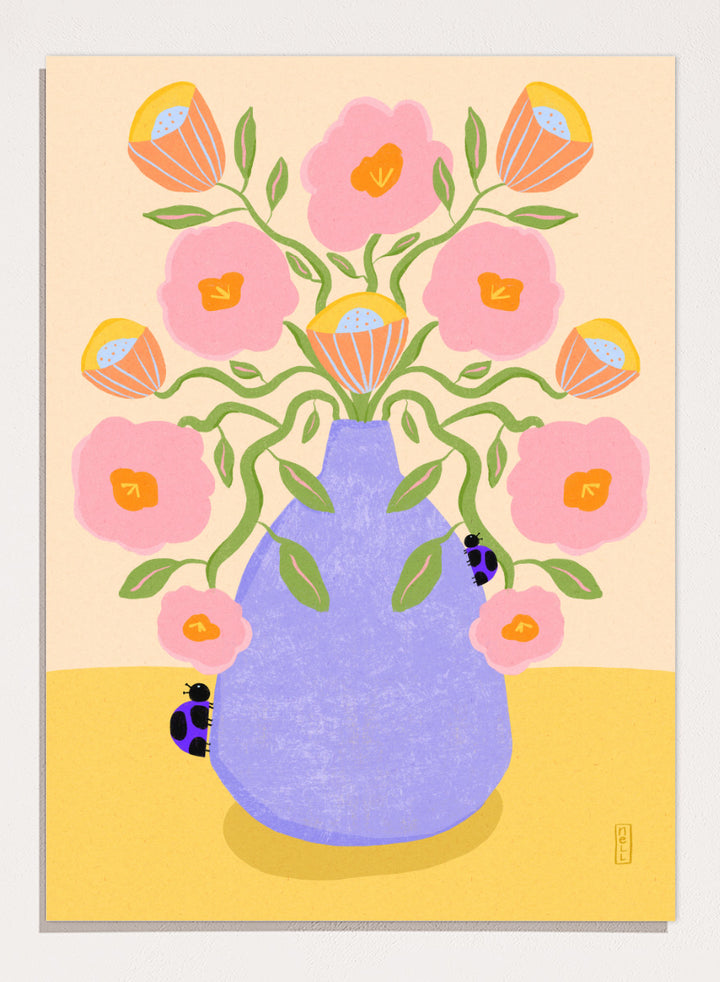 A stylized floral art print showing pink flowers with orange centers and green stems arranged in a light purple vase on a pale yellow surface. Shop Pink Flowers Ladybugs by Dirkie Nell, a colorful floral art print featuring pink flowers, a lavender vase, green stems, and playful ladybugs.