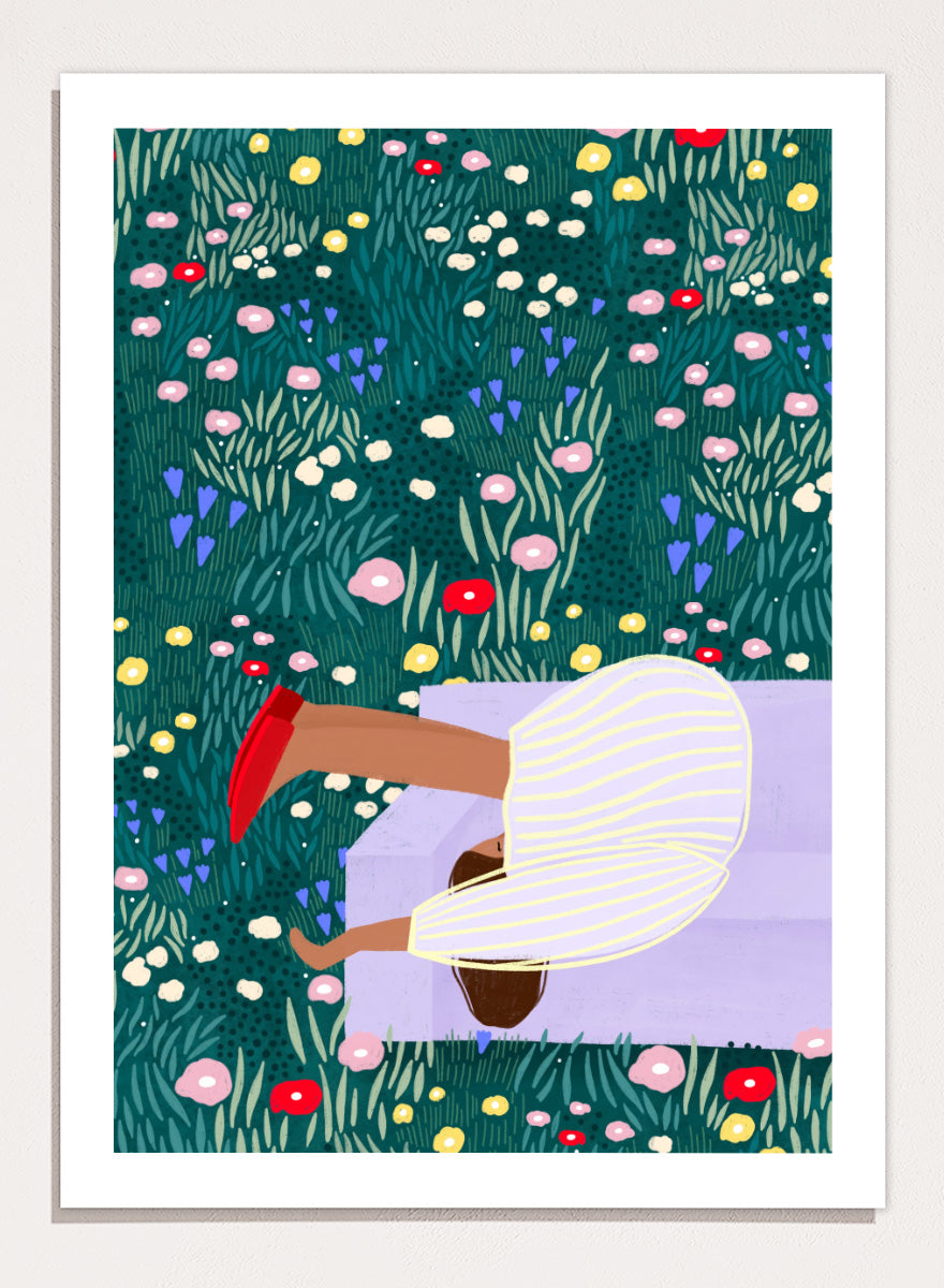 Shop Lush Garden Dreams by Bea Müller, a figurative floral wall art print poster featuring a woman reclining among colorful flowers and lush green garden foliage.