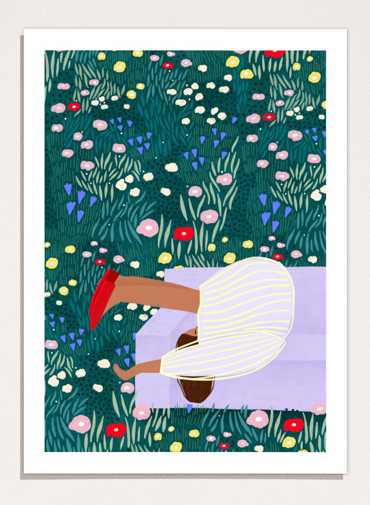 Shop Lush Garden Dreams by Bea Müller, a figurative floral wall art print poster featuring a woman reclining among colorful flowers and lush green garden foliage.