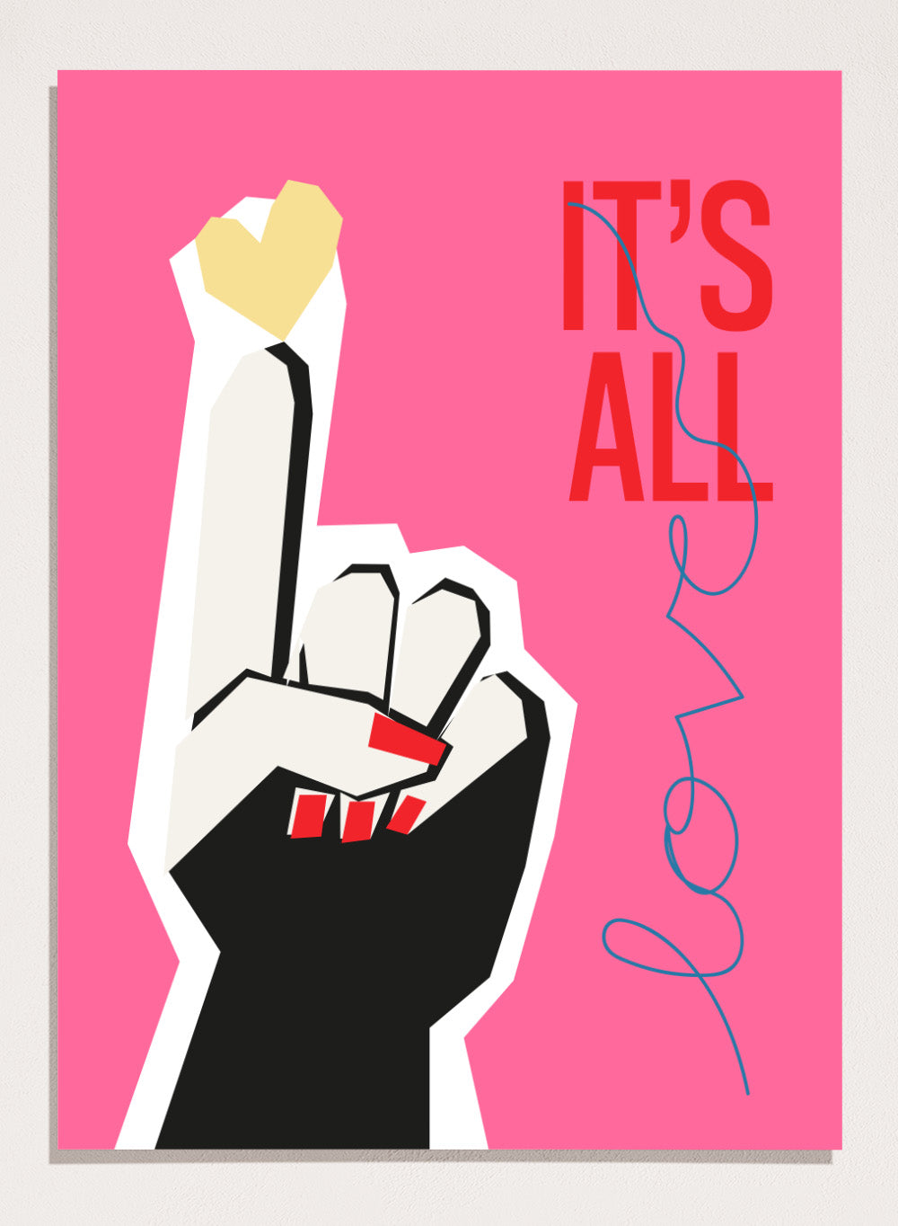 Illustration of a hand making a peace sign with text 'IT'S ALL LOVE' on a pink background. It’s All Love Hand Pink by Frances Collett is a modern graphic art print featuring an illustrated hand with heart symbol and bold typography. Officially licensed wall poster with optional framing.
