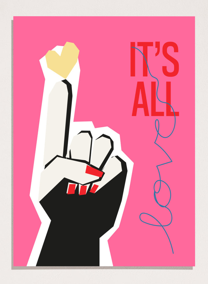 Illustration of a hand making a peace sign with text 'IT'S ALL LOVE' on a pink background. It’s All Love Hand Pink by Frances Collett is a modern graphic art print featuring an illustrated hand with heart symbol and bold typography. Officially licensed wall poster with optional framing.