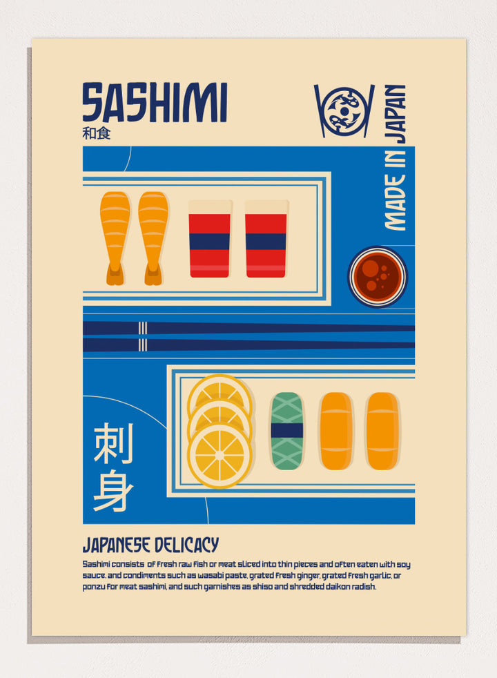 A stylized travel poster of Japanese Sashimi, featuring flat vector illustrations of raw fish, washi tape, soy sauce, and lemon slices on a beige background with blue and white graphic panels. Japanese Sashimi Delicacy by Retrodrome kitchen art print featuring sashimi, soy sauce, citrus, bold retro typography, and vintage Japanese-inspired design.