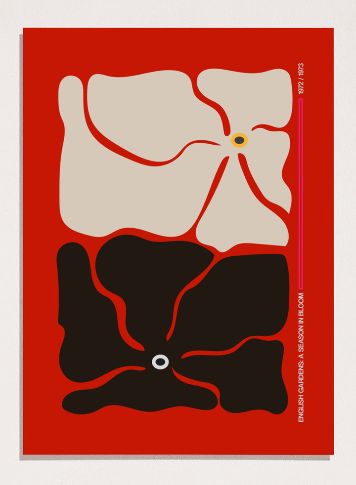 Abstract design with beige and black shapes on a red background. Two By Two Flower Red by Frances Collett is a modern abstract floral art print featuring two bold flowers in red, black, and cream tones. Officially licensed wall poster with optional framing.