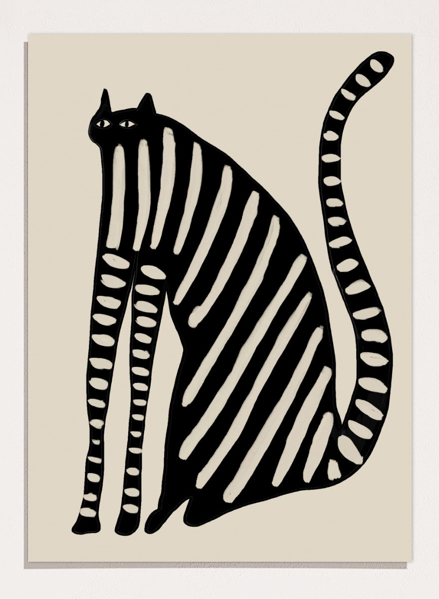 Striped Black Cat by The Art Concept playful cat art print featuring an elongated black cat with cream stripes, long legs, and an oversized curved tail.