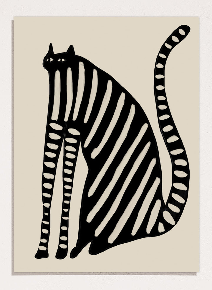 Striped Black Cat by The Art Concept playful cat art print featuring an elongated black cat with cream stripes, long legs, and an oversized curved tail.