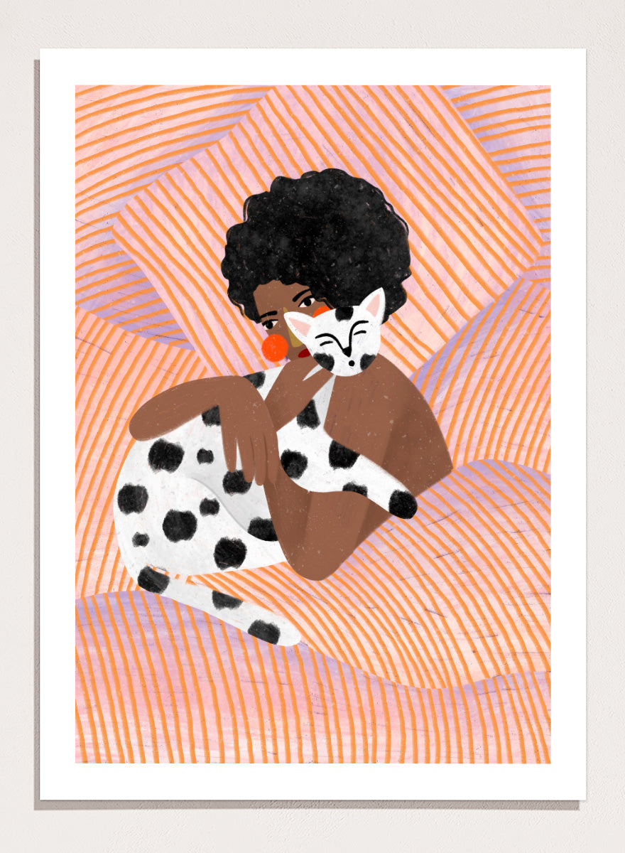 A framed art print featuring a stylized illustration of a person with an afro holding a black-and-white spotted cat, set against a peach and orange striped background. Cozy Cat Cuddles by Bea Müller animal art print featuring a woman embracing a spotted cat among soft peach and lilac stripes for cozy pet lover decor.