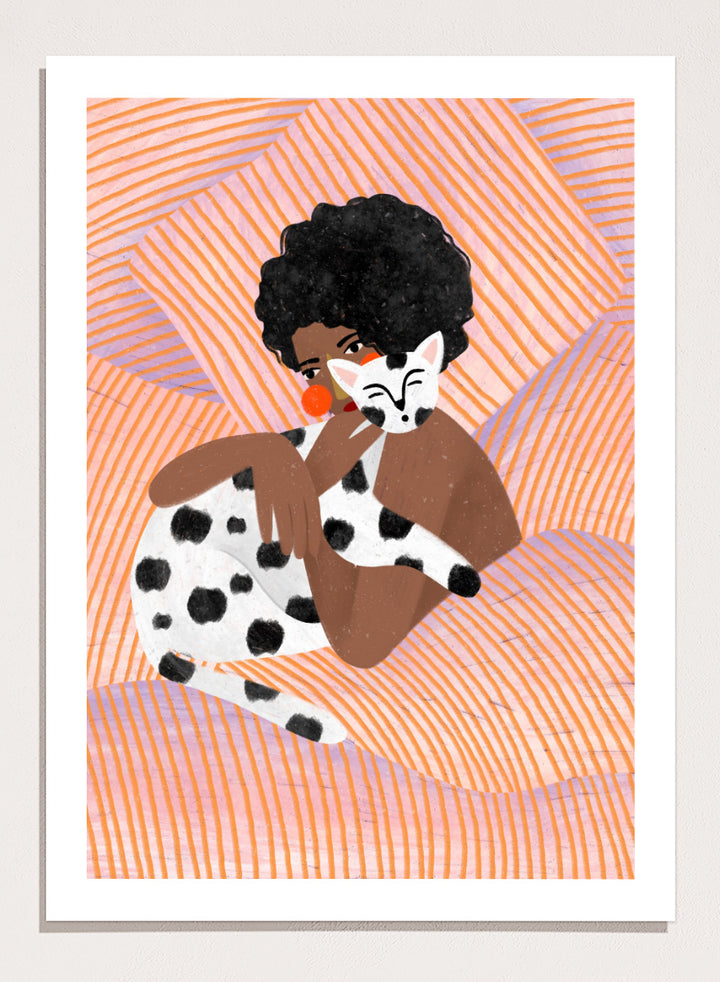 A framed art print featuring a stylized illustration of a person with an afro holding a black-and-white spotted cat, set against a peach and orange striped background. Cozy Cat Cuddles by Bea Müller animal art print featuring a woman embracing a spotted cat among soft peach and lilac stripes for cozy pet lover decor.