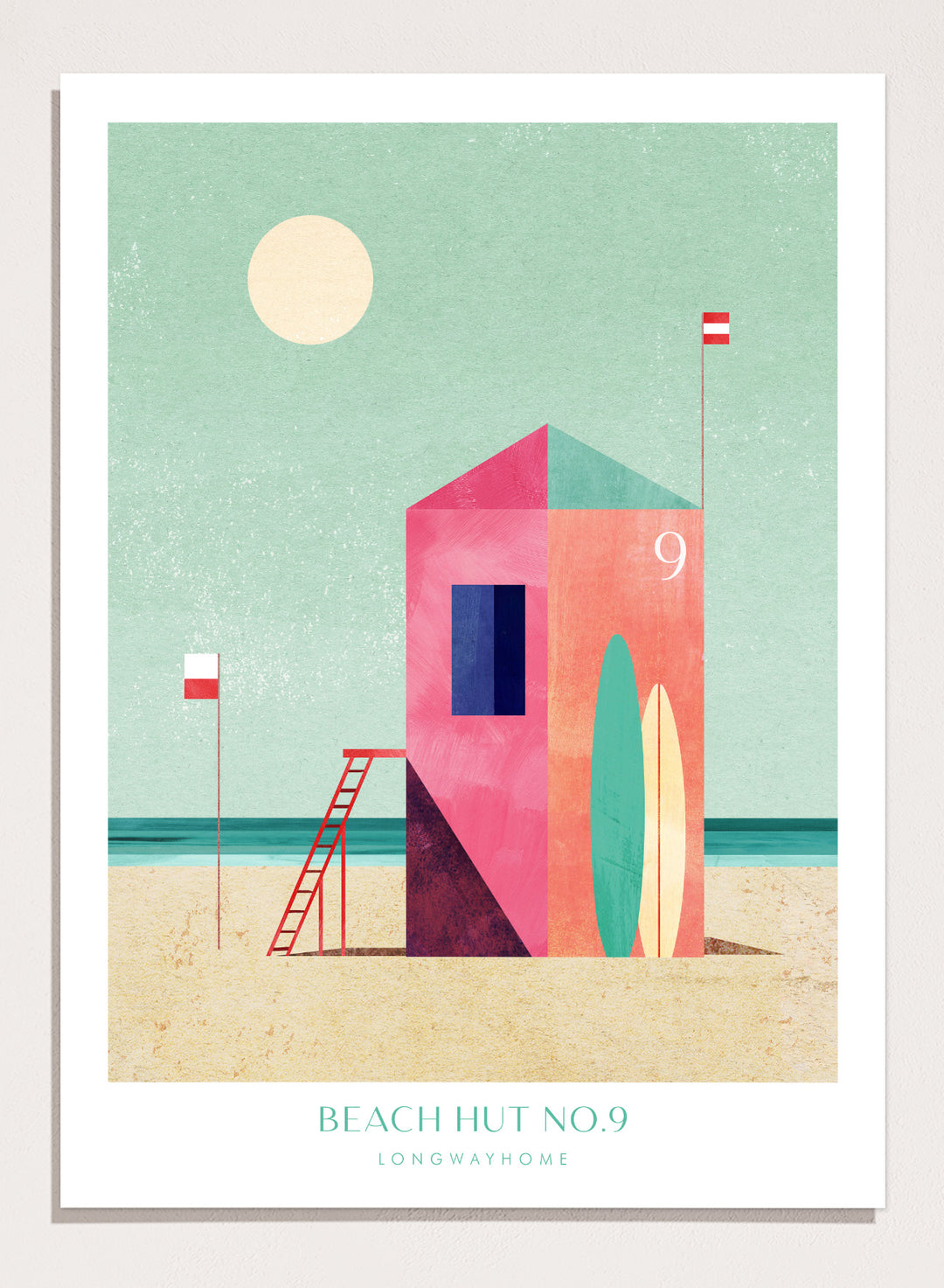 Colorful beach hut illustration with a minimalistic design on a light green background. Beach Hut Number Nine by Longwayhome is a retro inspired coastal art print featuring a colorful beach hut, surfboards, and minimalist seaside design.