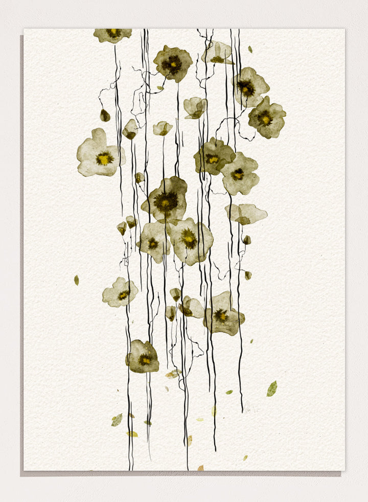 Shop Flowing Green Flowers by Ankie Kooi, a modern floral wall art print poster with abstract botanical line art, watercolor flowers, green tones, and cream.