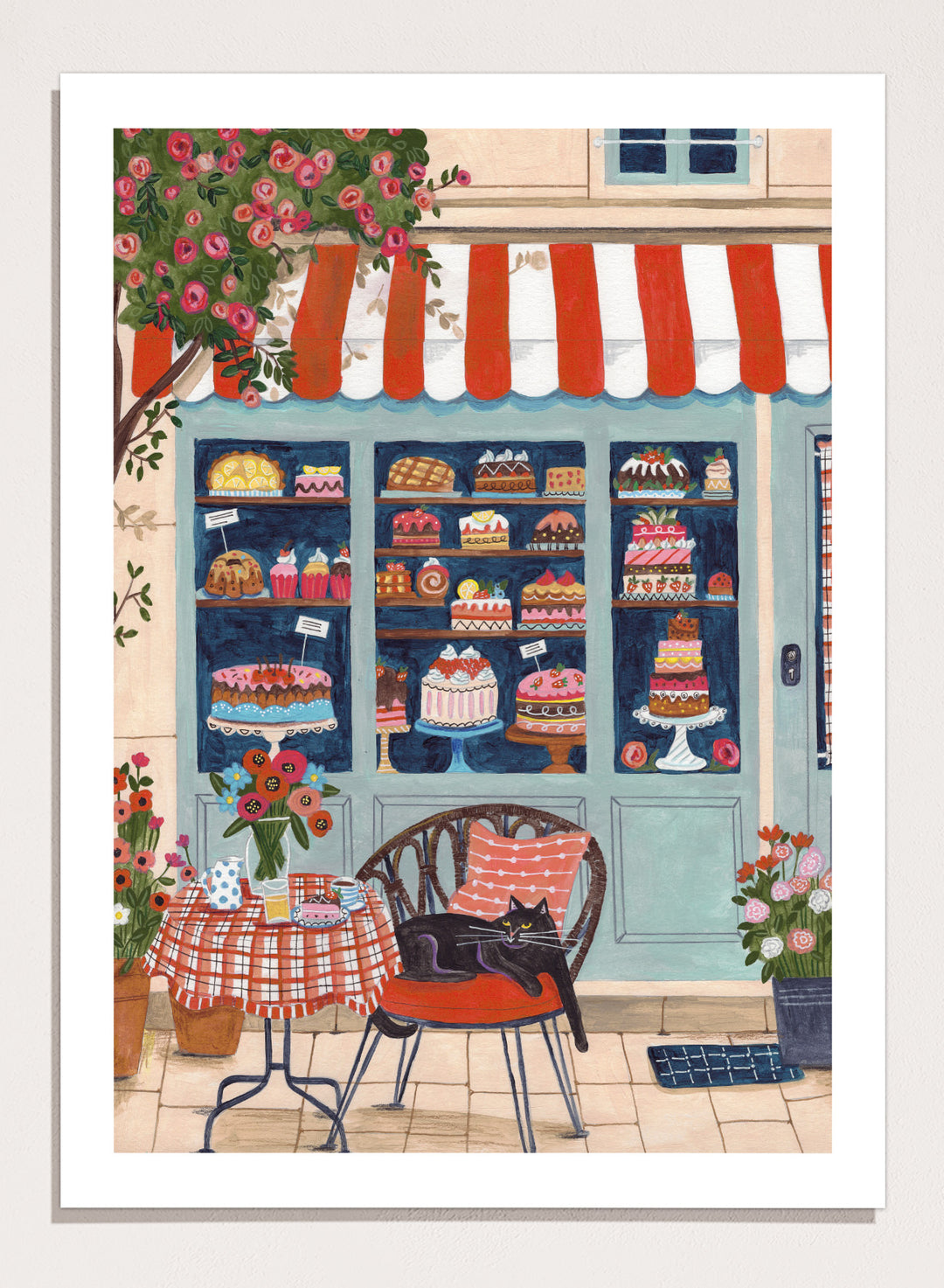 Illustration of a bakery with a cat sitting on a chair outside. Bakery Cat Cafe by Caroline Bonne Müller is a colorful bakery art print featuring cat illustration, pastry shop window, floral details, and modern aesthetic cafe scene.
