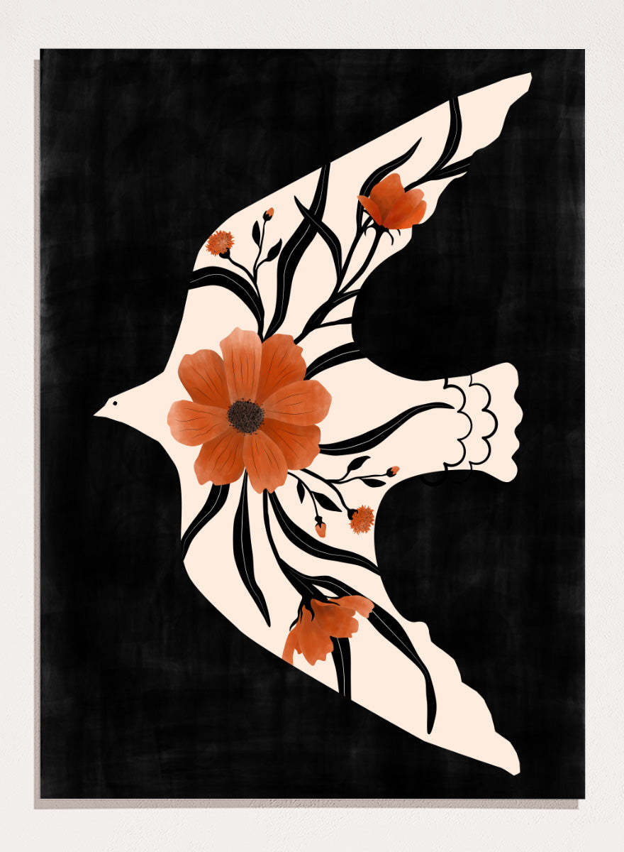 Shop Poppy Birds in Flight by Elena Ristova, a modern bird wall art print poster featuring a cream dove filled with terracotta poppies on a black background.