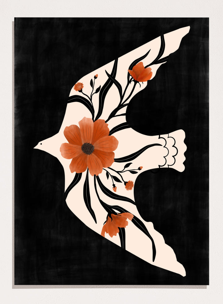 Shop Poppy Birds in Flight by Elena Ristova, a modern bird wall art print poster featuring a cream dove filled with terracotta poppies on a black background.