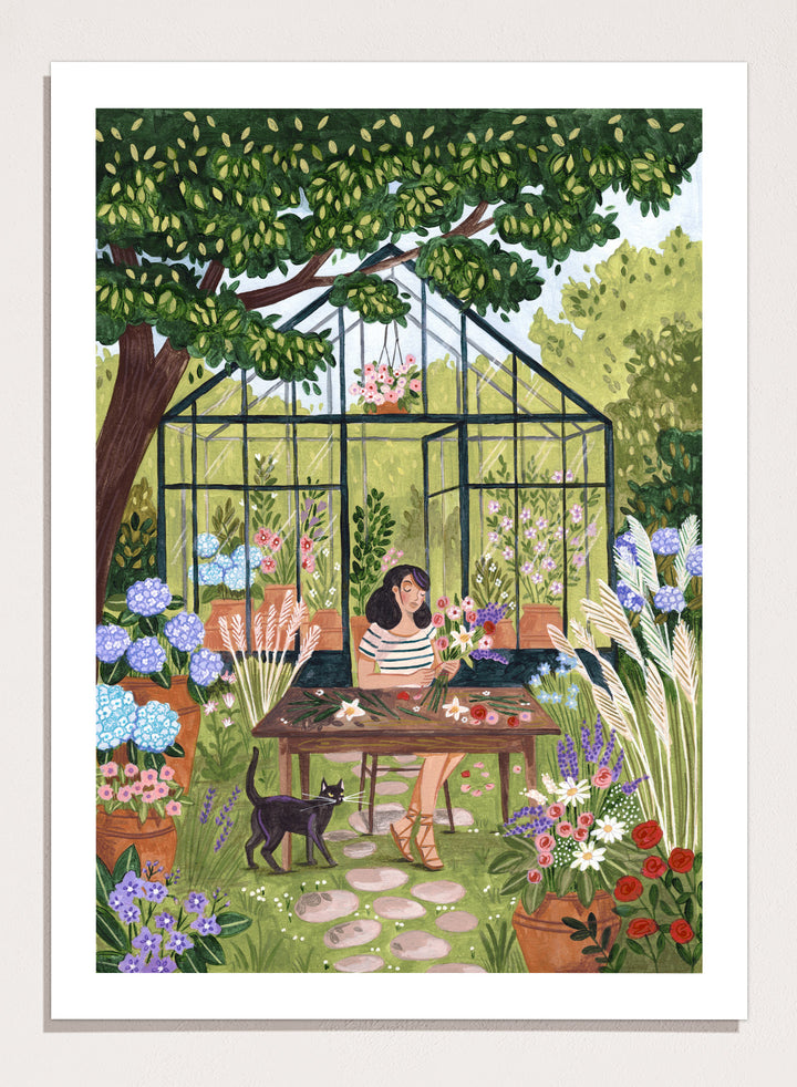 Garden Flower Arranging by Caroline Bonne Müller is a floral garden art print featuring greenhouse, woman arranging flowers, cat illustration, and modern aesthetic botanical scene.