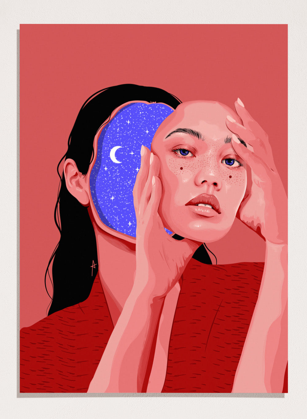 Illustration of a person with a starry night design, on a red background. Des Astres by AnA Ariane is a surreal portrait art print featuring a woman with a starry cosmic interior. Modern figurative wall poster.
