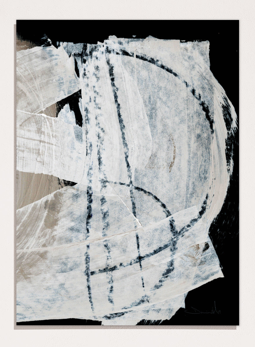 Shop Mind No.02 by Dan Hobday, an abstract wall art print poster featuring sweeping white brushwork, black contrast, and soft blue-beige texture.
