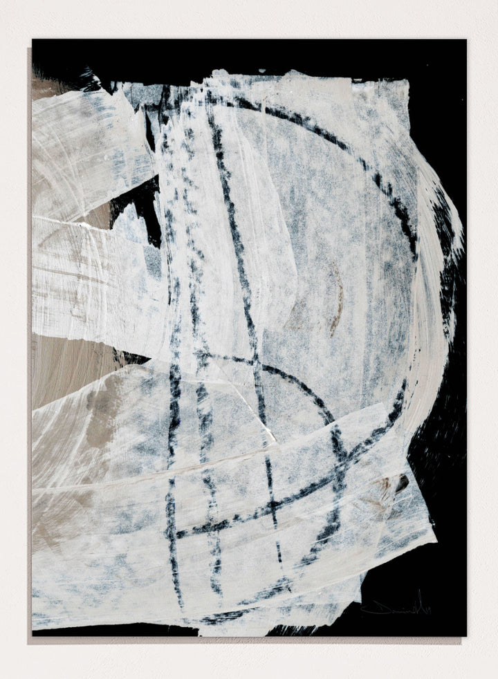 Shop Mind No.02 by Dan Hobday, an abstract wall art print poster featuring sweeping white brushwork, black contrast, and soft blue-beige texture.