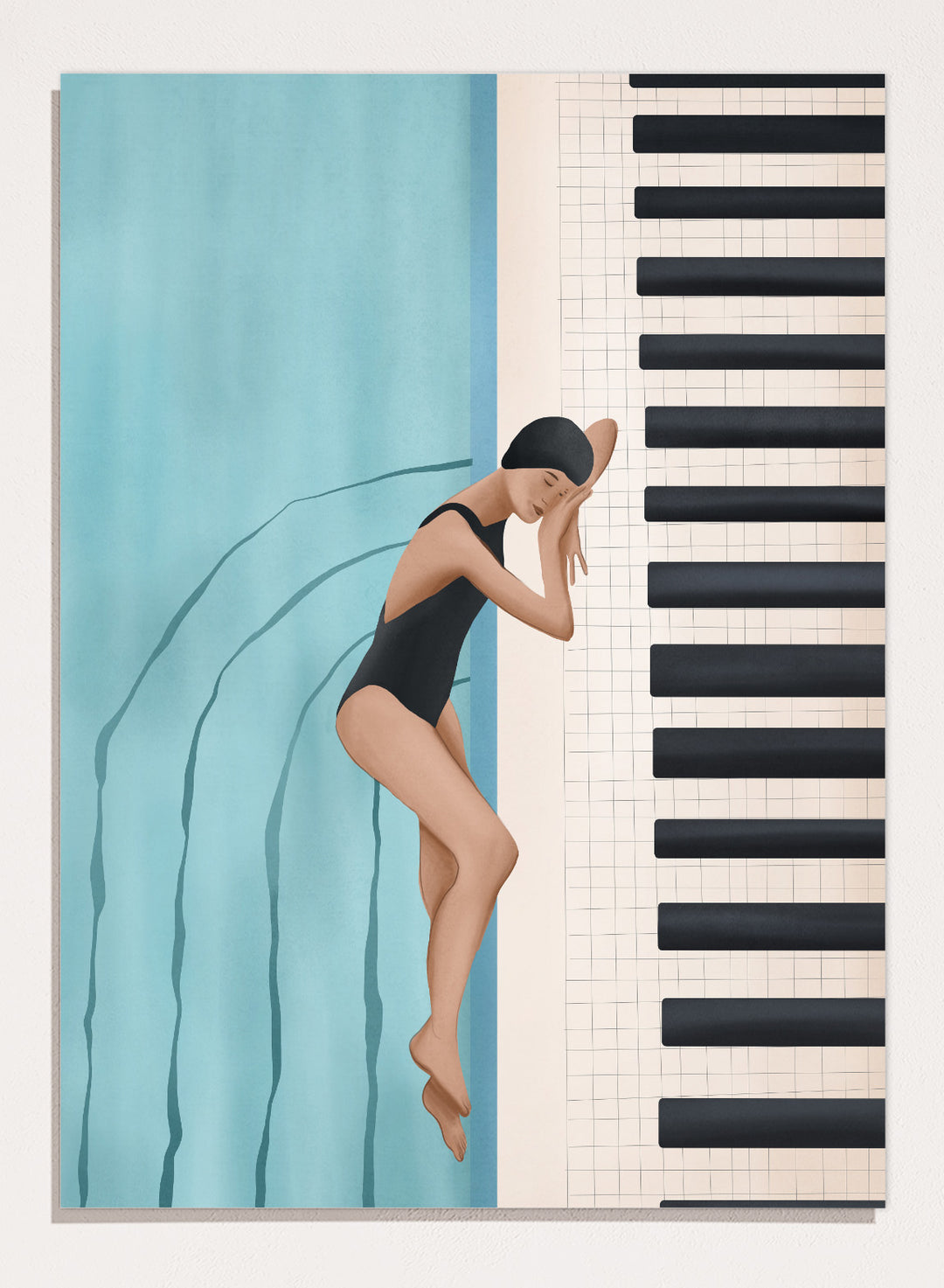 Woman in a black swimsuit diving into water next to a piano keyboard. Swimmer's Piano Dream by Flow Line features a swimmer resting beside piano keys, blending music, water, and surreal dreamlike imagery in modern wall art.