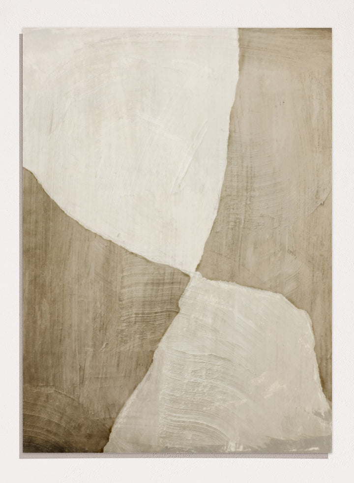 Shop Glide Abstract by Dan Hobday, a neutral abstract art print featuring soft cream and taupe forms, organic curves, and layered textured brushwork.
