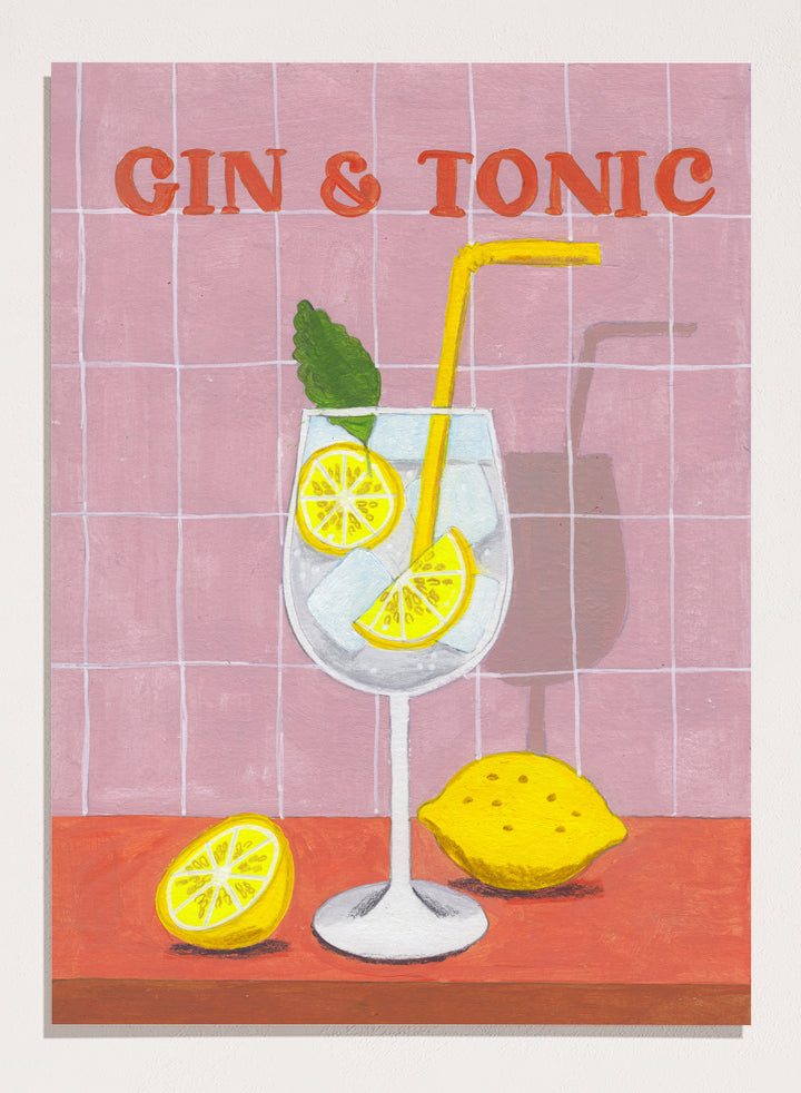 Illustration of a gin and tonic with lemon slices and a straw on a tiled background. Refreshing Gin Tonic by Caroline Bonne Müller is a fine art print and wall poster of a gin and tonic with lemon slices, mint leaf, ice, and pink tile background.