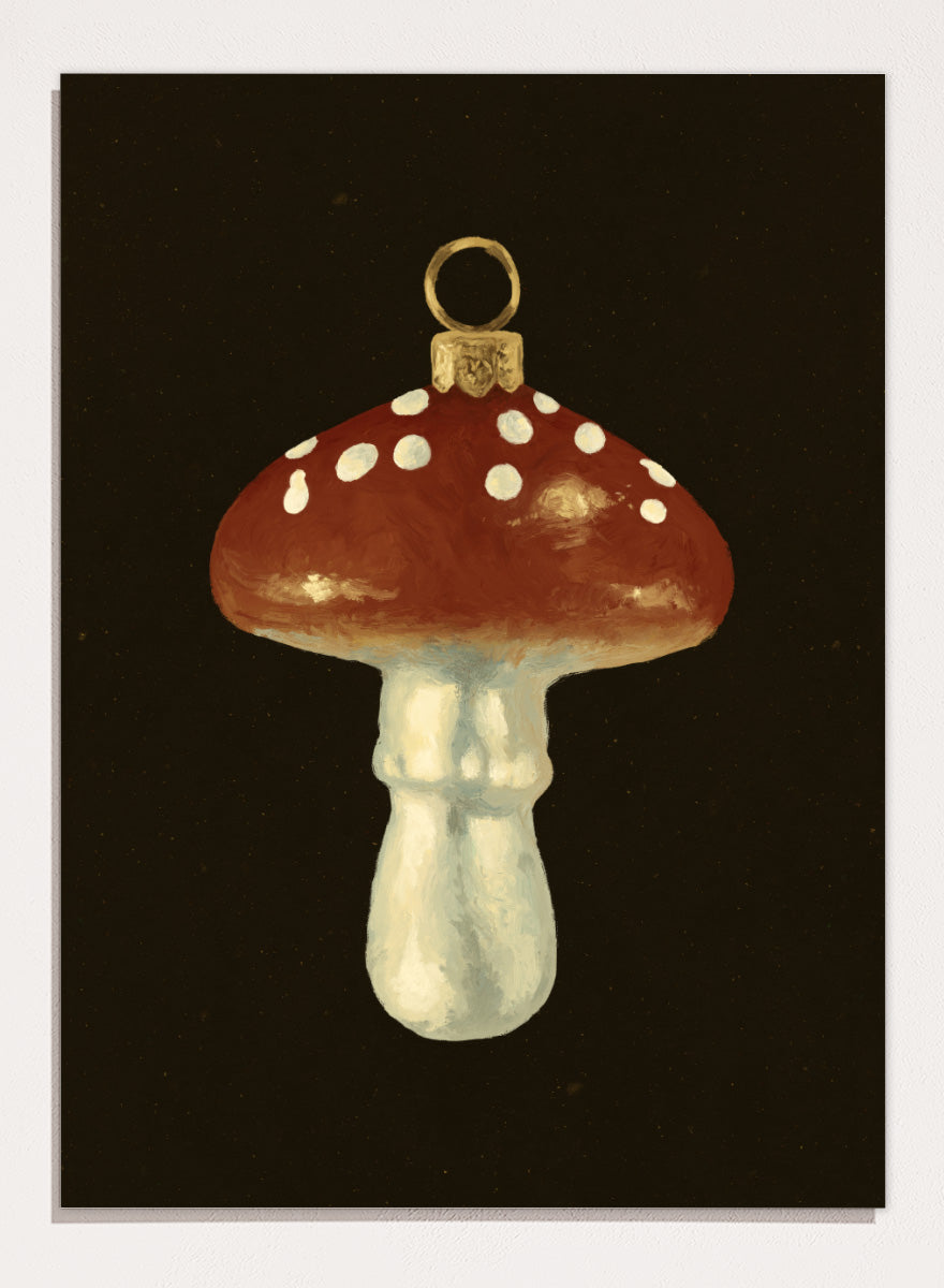Shop Festive Mushroom Ornament by NKTN, a Christmas wall art print poster featuring a red-and-white mushroom ornament with vintage woodland holiday charm.