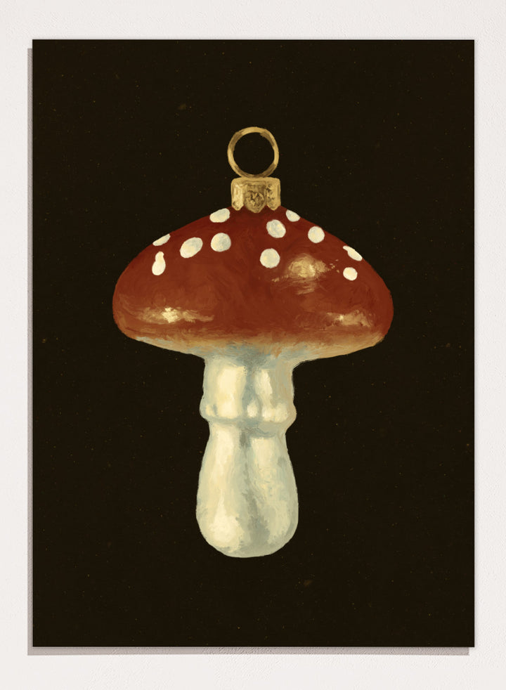 Shop Festive Mushroom Ornament by NKTN, a Christmas wall art print poster featuring a red-and-white mushroom ornament with vintage woodland holiday charm.