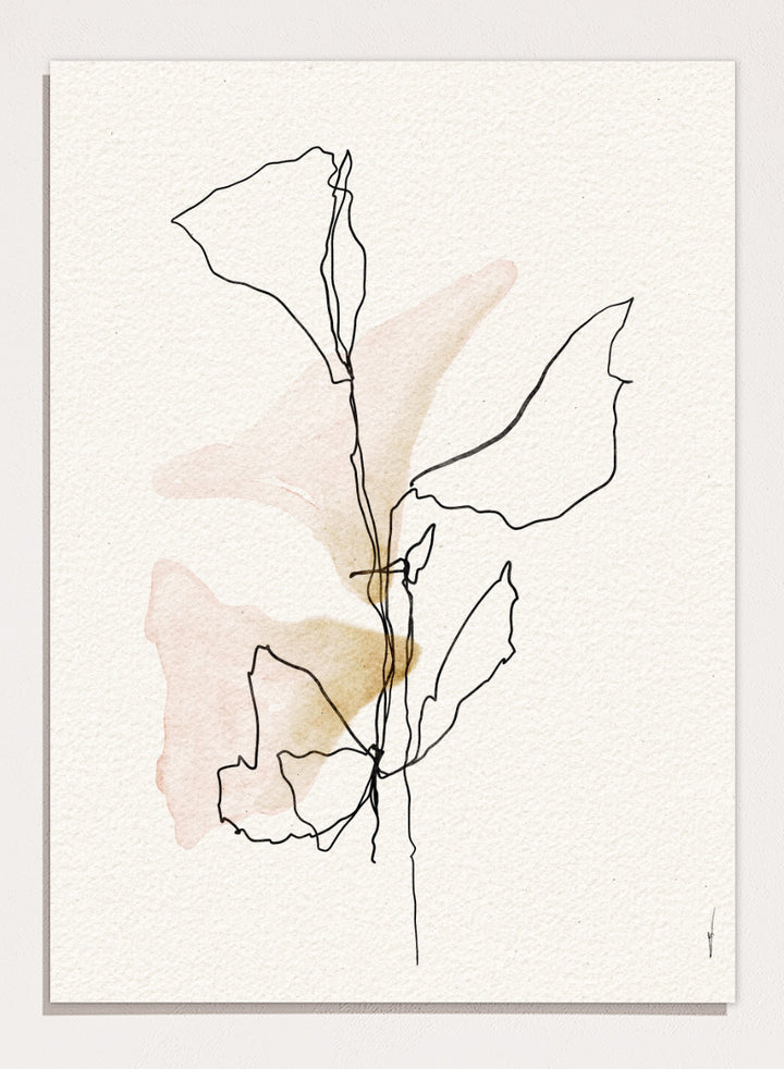 Shop Soft Blush Botanicals by Ankie Kooi, a modern botanical wall art print poster with minimalist line art, abstract leaves, blush pink, and soft ochre tones.