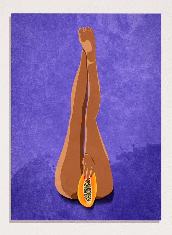 My Papaya by Raissa Oltmanns is a modern woman body art print featuring a bold papaya fruit illustration, playful legs portrait design, and statement wall poster.