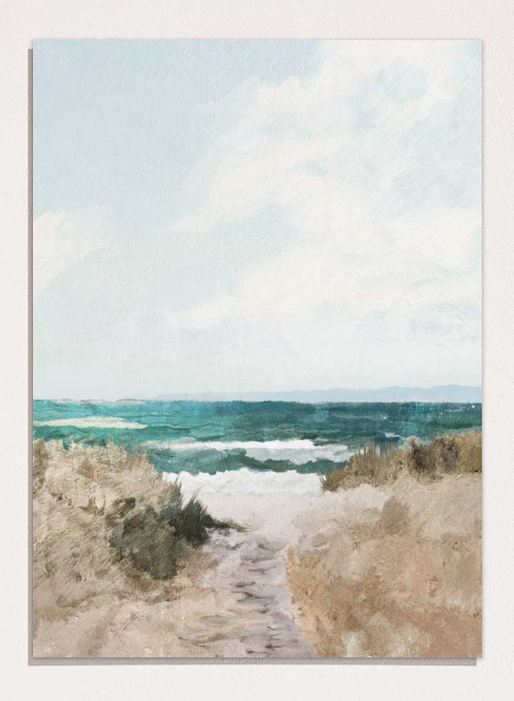 Shop Beach Path by Dan Hobday, a coastal landscape art print featuring turquoise water, sandy dunes, beach grass, soft blue sky, and textured brushwork.