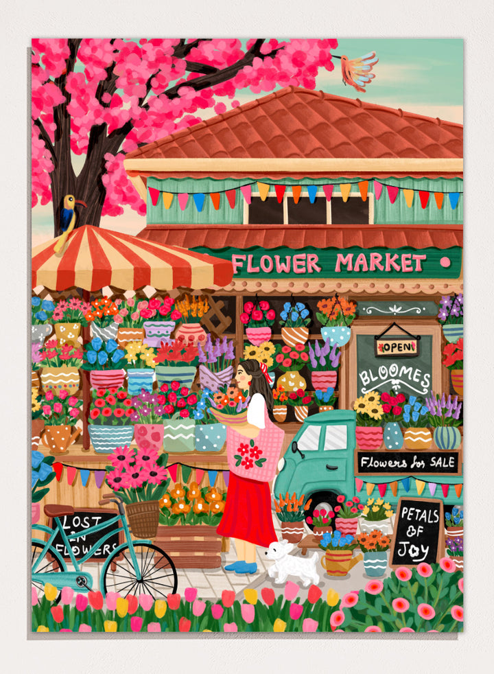 A colorful illustrated flower market scene with a shop front, blooming pink cherry blossoms, flower stalls, a woman standing by a bicycle, and signs reading &