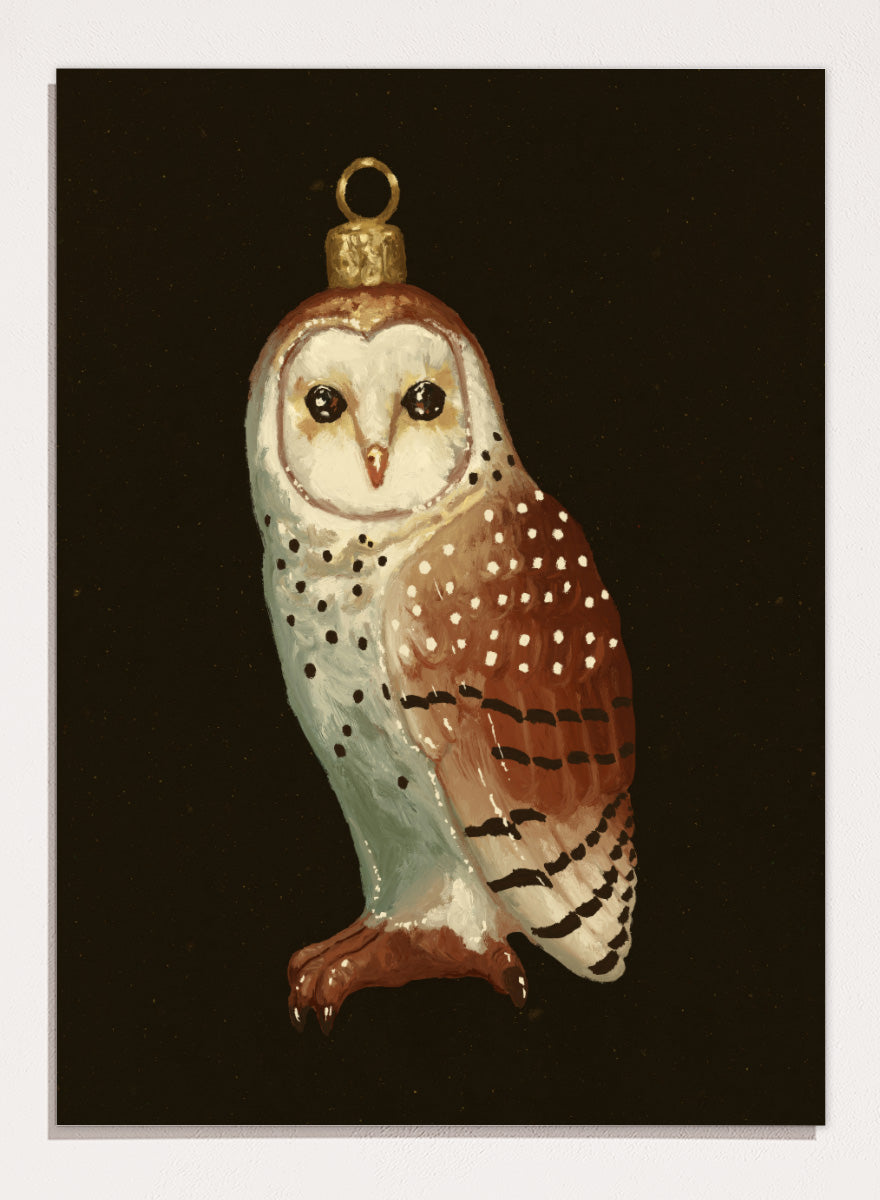 Shop Barn Owl Ornament by NKTN, a Christmas wall art print poster featuring a vintage-style barn owl ornament with woodland holiday charm.