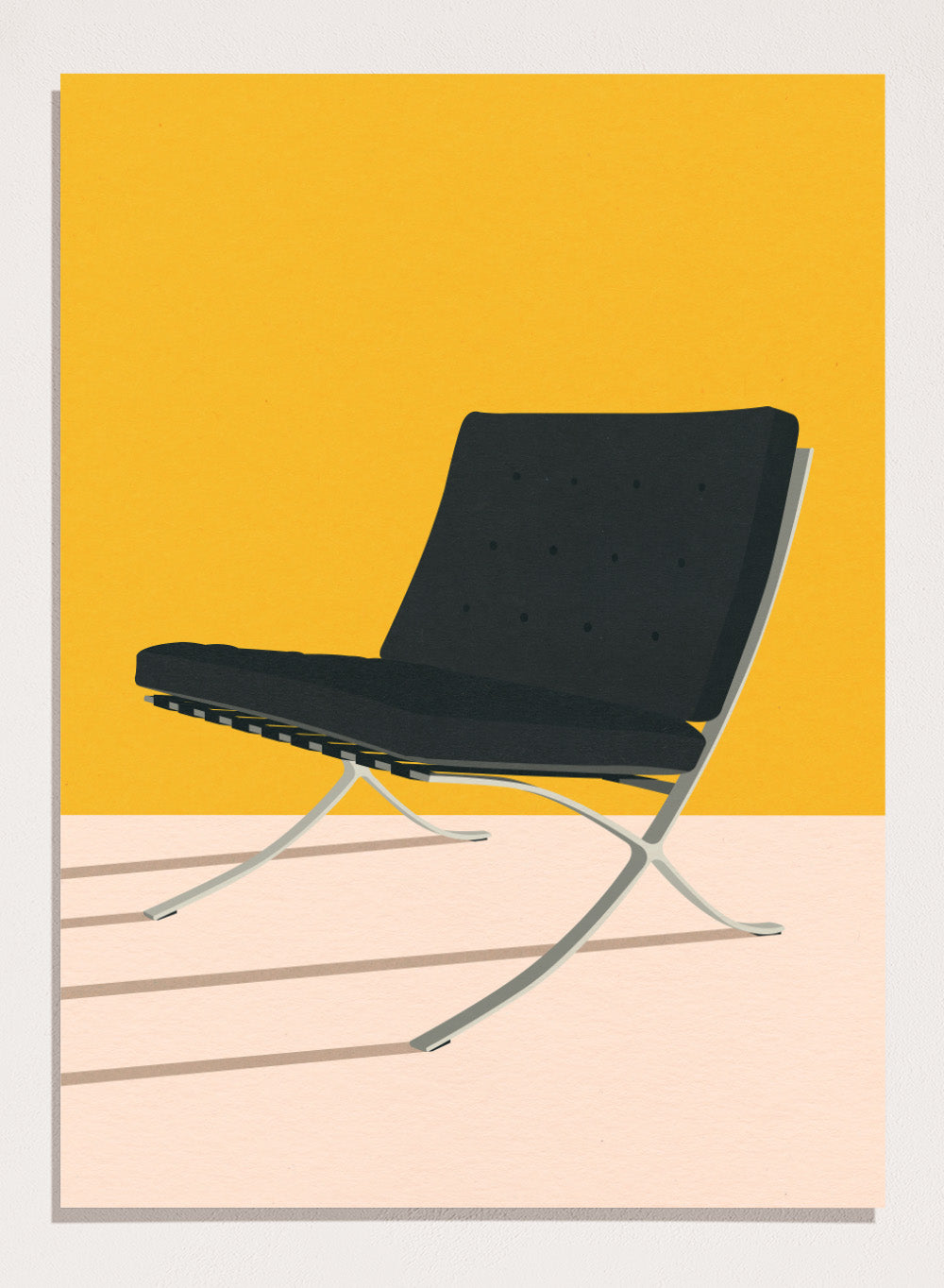 Black chair with metal legs on a yellow and beige background. Barcelona Chair by Mies Van Der Rohe by Rosi Feist is a minimalist modern design art print featuring clean lines and bold color. Officially licensed fine art poster with optional real wood framing, ready to hang.