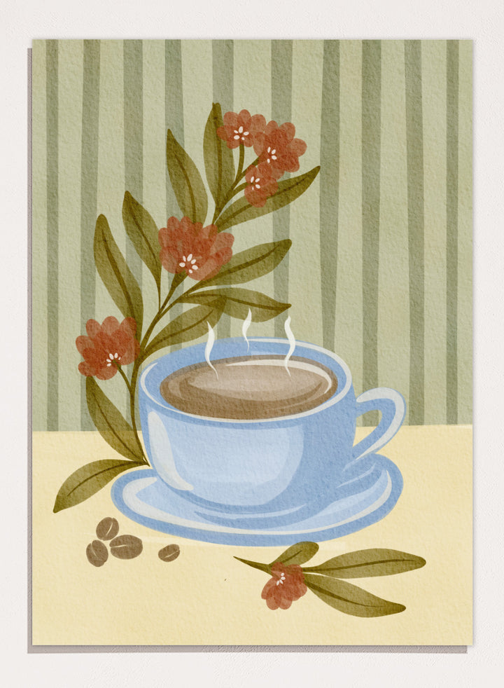 Shop Steaming Coffee Bloom by Nikita Jariwala, a kitchen wall art print poster featuring a blue coffee cup, floral still life, coffee beans, and blue tones.