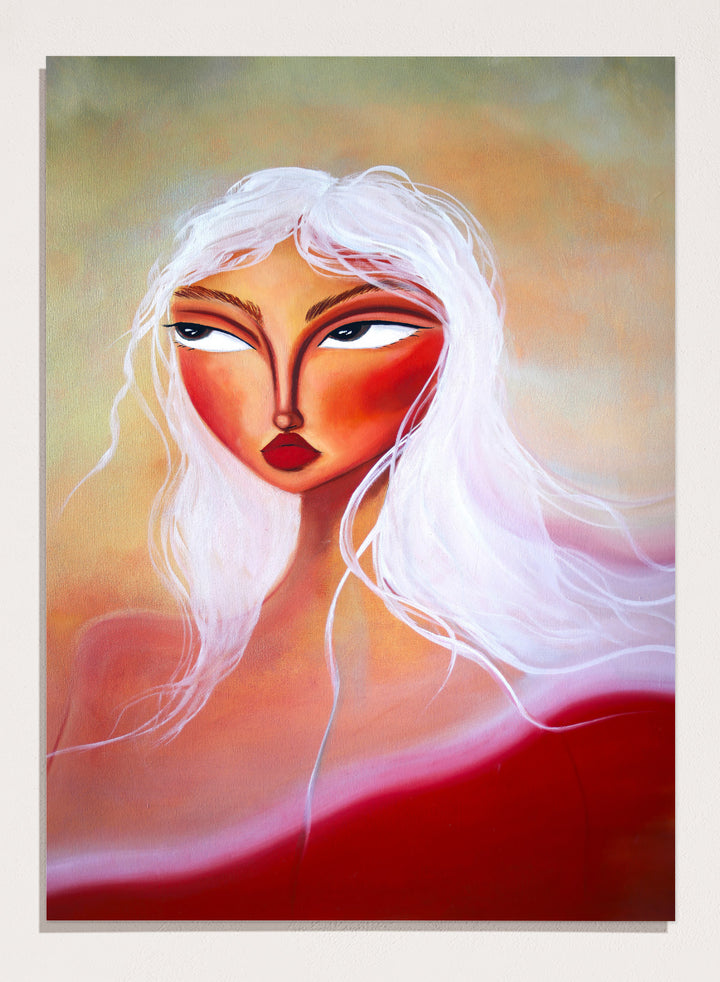 Artistic depiction of a woman with white hair and red face against a colorful background. Striking White Hair Portrait by Amy Straley is a contemporary figurative art print featuring a feminine portrait, warm peach tones, and expressive modern artwork.