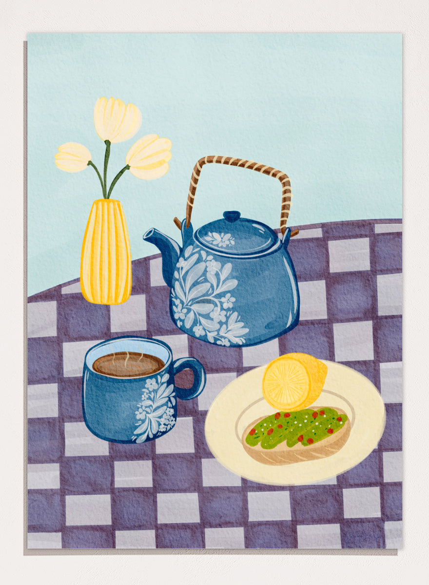 Shop Blue Teapot Breakfast by Nikita Jariwala, a kitchen wall art print poster featuring a floral teapot, tea cup, breakfast still life, and blue tones.