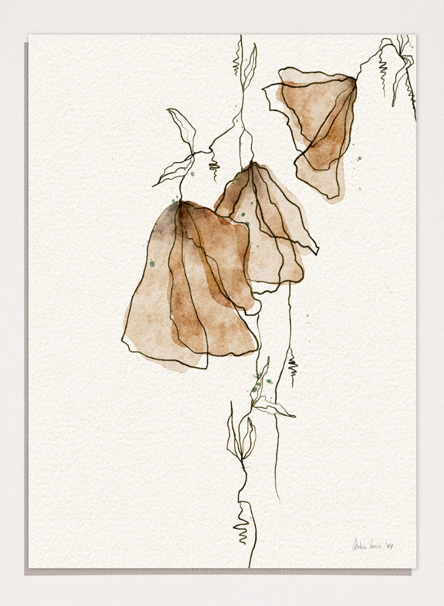 Shop Soft Watercolor Blooms by Ankie Kooi, an abstract floral wall art print poster with watercolor flowers, botanical line art, brown, cream, and green.