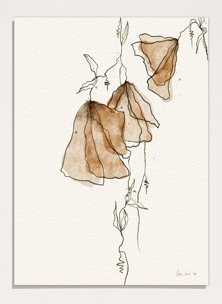 Shop Soft Watercolor Blooms by Ankie Kooi, an abstract floral wall art print poster with watercolor flowers, botanical line art, brown, cream, and green.
