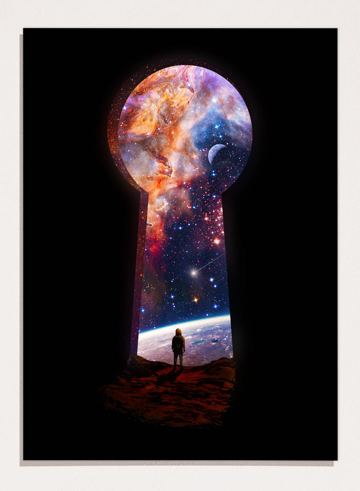 Keyhole-shaped portal to space with a silhouette of a person looking into it. The Cosmic Keyhole by Nicebleed is a surreal space art print featuring an astronaut looking through a cosmic keyhole, modern aesthetic wall poster.