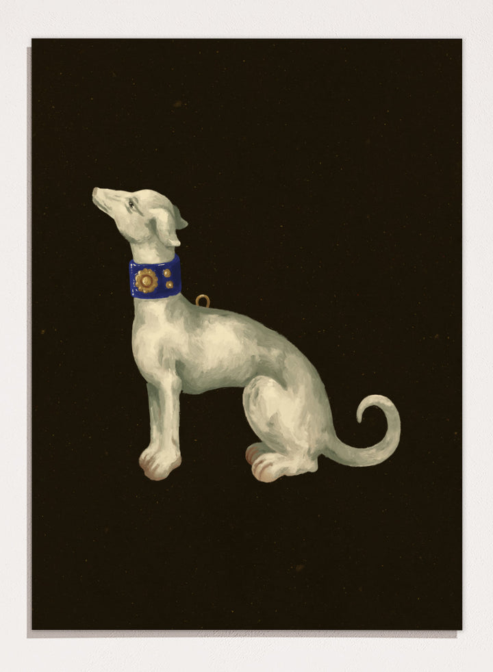 Shop Elegant White Greyhound by NKTN, a dog wall art print poster featuring a graceful white greyhound with a blue and gold collar on a dark background.