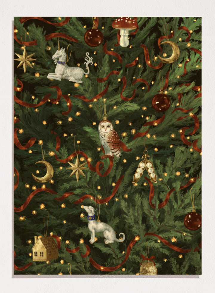 Shop Magical Christmas Tree by NKTN, a festive Christmas wall art print poster featuring woodland ornaments, moons, stars, ribbon, and glowing tree lights.