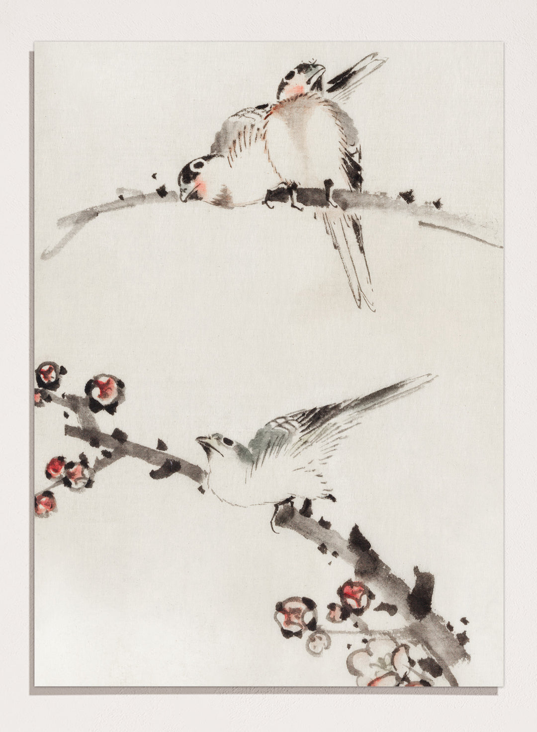 Katsushika Hokusai Three Birds Perched on Branches, One with Blossoms Art Print