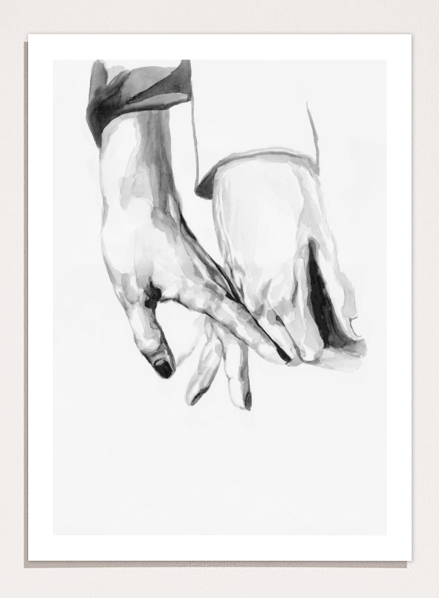 Shop Gentle Hands Connected by Sophia Novosel, a minimalist black and white wall art print poster featuring two hands touching in a soft, intimate gesture.