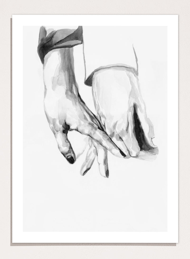 Shop Gentle Hands Connected by Sophia Novosel, a minimalist black and white wall art print poster featuring two hands touching in a soft, intimate gesture.