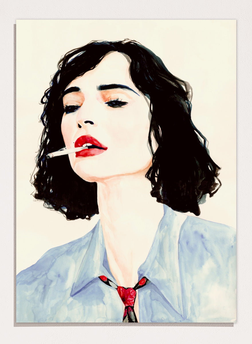 Shop Chic Woman with Cigarette by Sophia Novosel, a modern female portrait wall art print poster featuring dark hair, red lips, a blue shirt, and bold fashion styling.