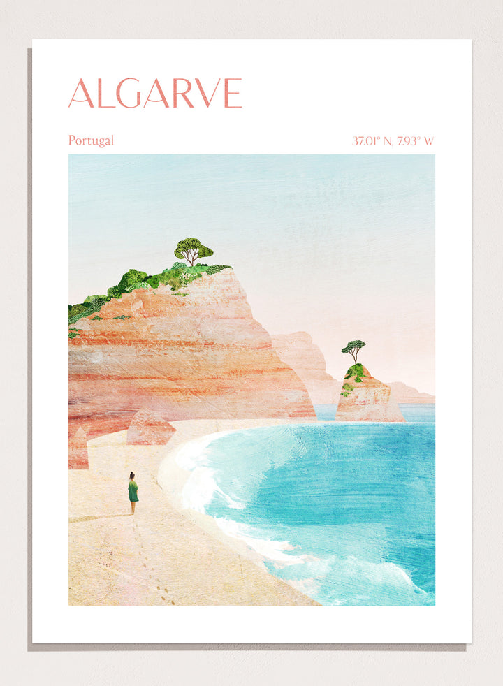 Illustration of a beach scene with cliffs and a person standing on the shore, labeled 'Algarve, Portugal'. Algarve Coastal Walk by Longwayhome is a minimalist coastal landscape art print featuring Portugal cliffs, turquoise ocean scenery, and modern travel inspired design.
