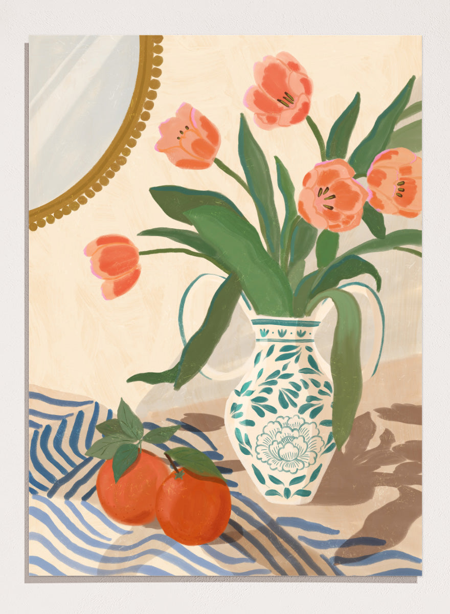 Fresh Tulips and Oranges by Katarzyna Gąsiorowska botanical still life art print with coral flowers, citrus fruit, and a patterned ceramic vase.