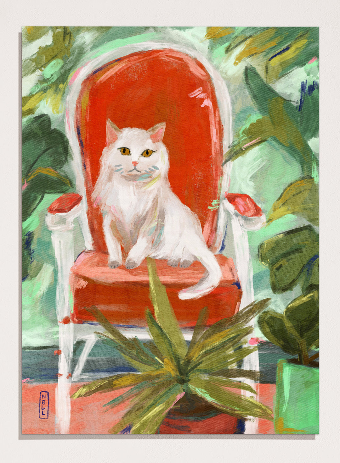 White cat on a red chair surrounded by green plants. White Cat Orange Chair by Dirkie Nell is a contemporary cat art print featuring expressive brushwork, colorful interiors, lush green plants, and modern animal wall art.