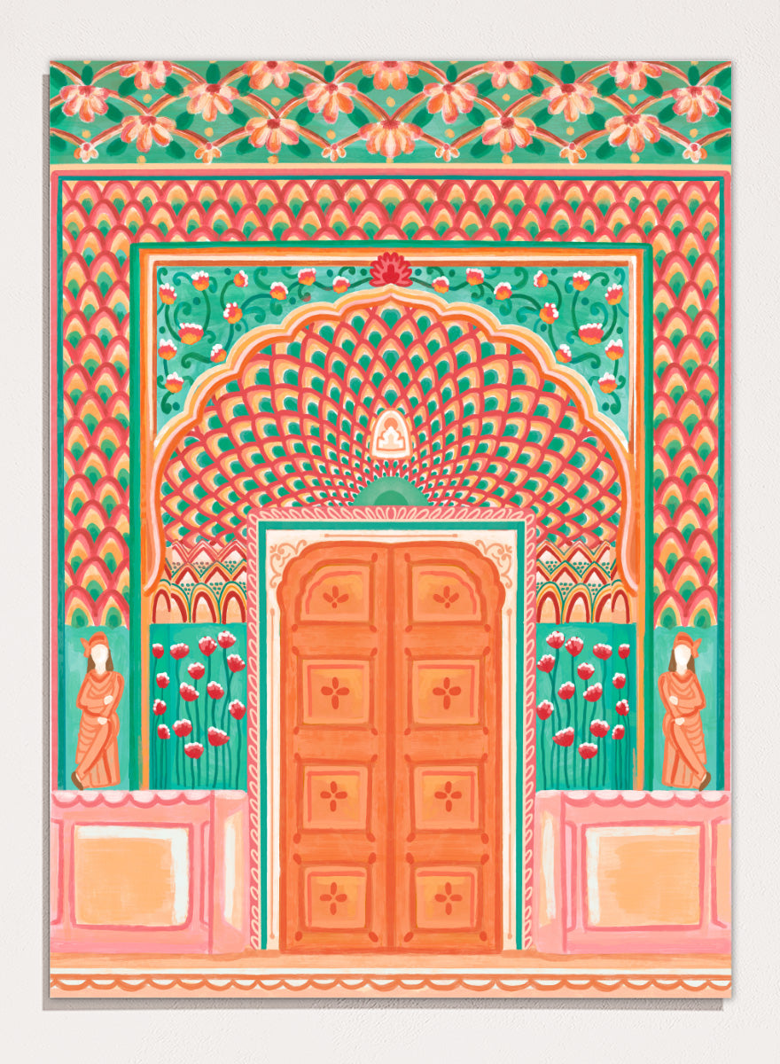 A colorful traditional Indian-style architectural artwork depicting an ornate arched doorway with a peach-orange double door, teal and pink patterned walls, floral motifs, and small statue figures on either side. Shop Vibrant Indian Archway by Nidhi Kachhadiya, a colorful Indian wall art print featuring an ornate archway, floral details, and coral pink tones.