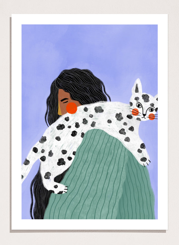 A framed art print featuring a stylized illustration of a woman with long black hair carrying a white cat with black spots over her shoulder, set against a lavender background. Woman and Spotted Cat by Bea Müller animal art print featuring a woman carrying a playful spotted cat, perfect for modern cat lover and pet decor.